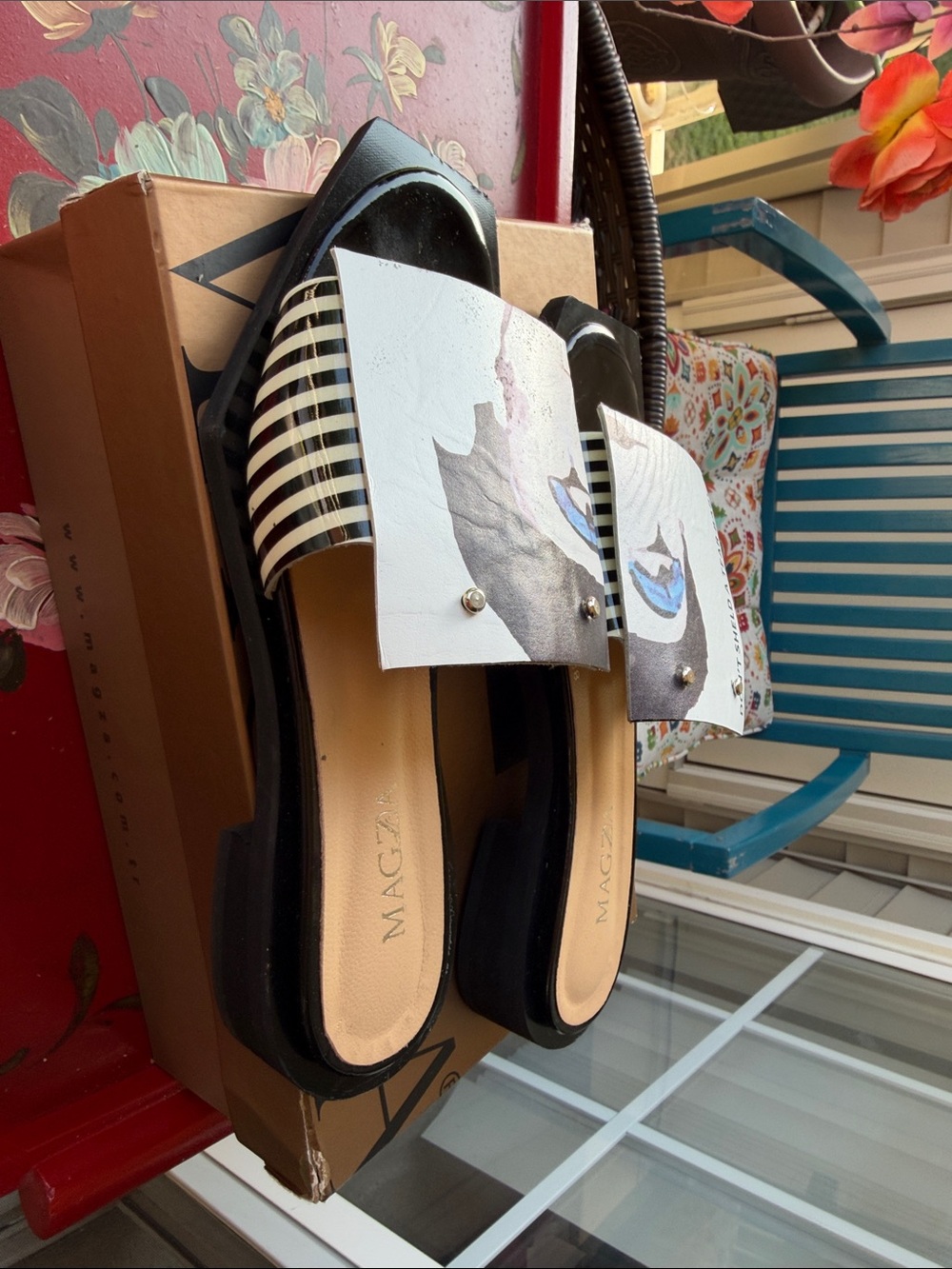 Black and White Slide Sandals with Floral Accent. European Style walk the runway